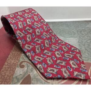 Vtg DIOR Christian Dior Brick Red Blue Brown Floral Jaquard Mens Silk Tie 56”
